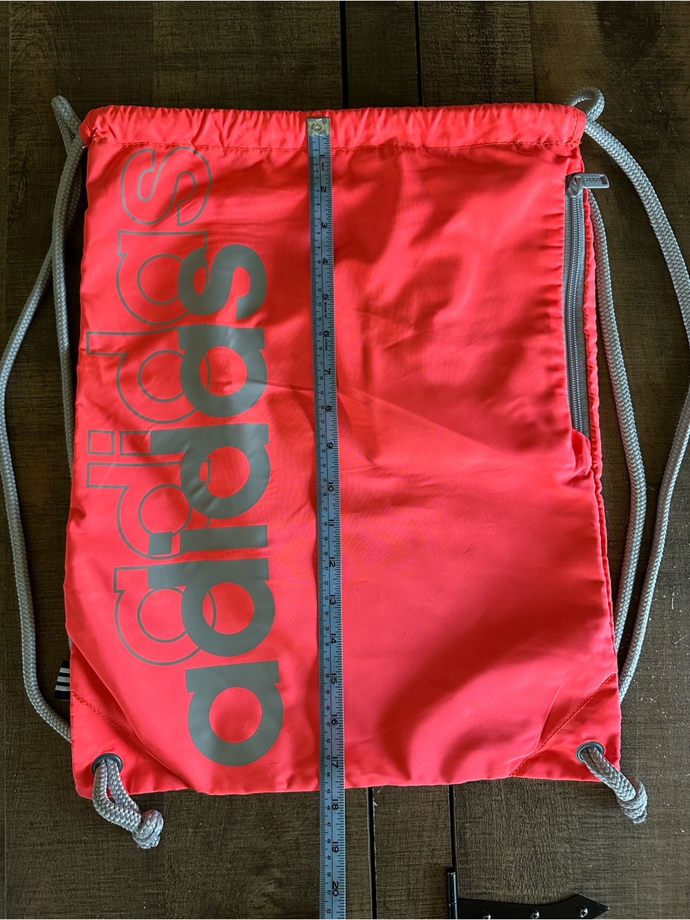 Adidas Drawstring Backpack Gym Sack Coral Pink Gray Cinch Bag Zipper Pocket - Picture 7 of 16